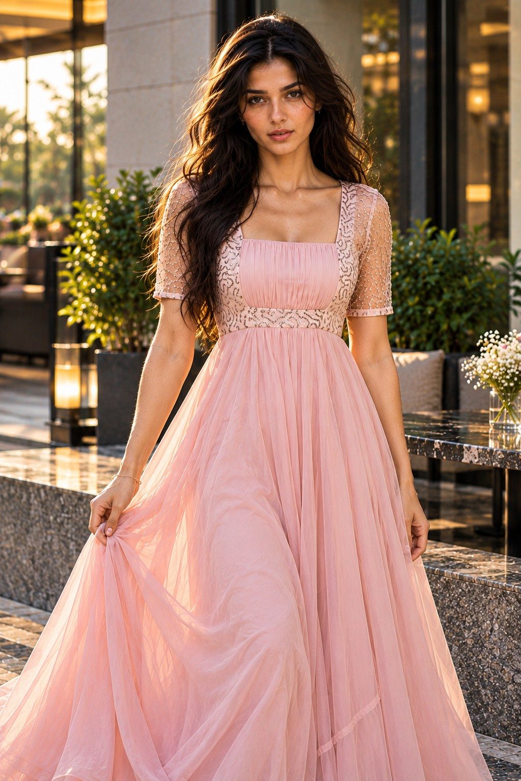Close crop from the approved blush-pink eveningwear campaign, focusing on the embellished sleeve and bodice texture.