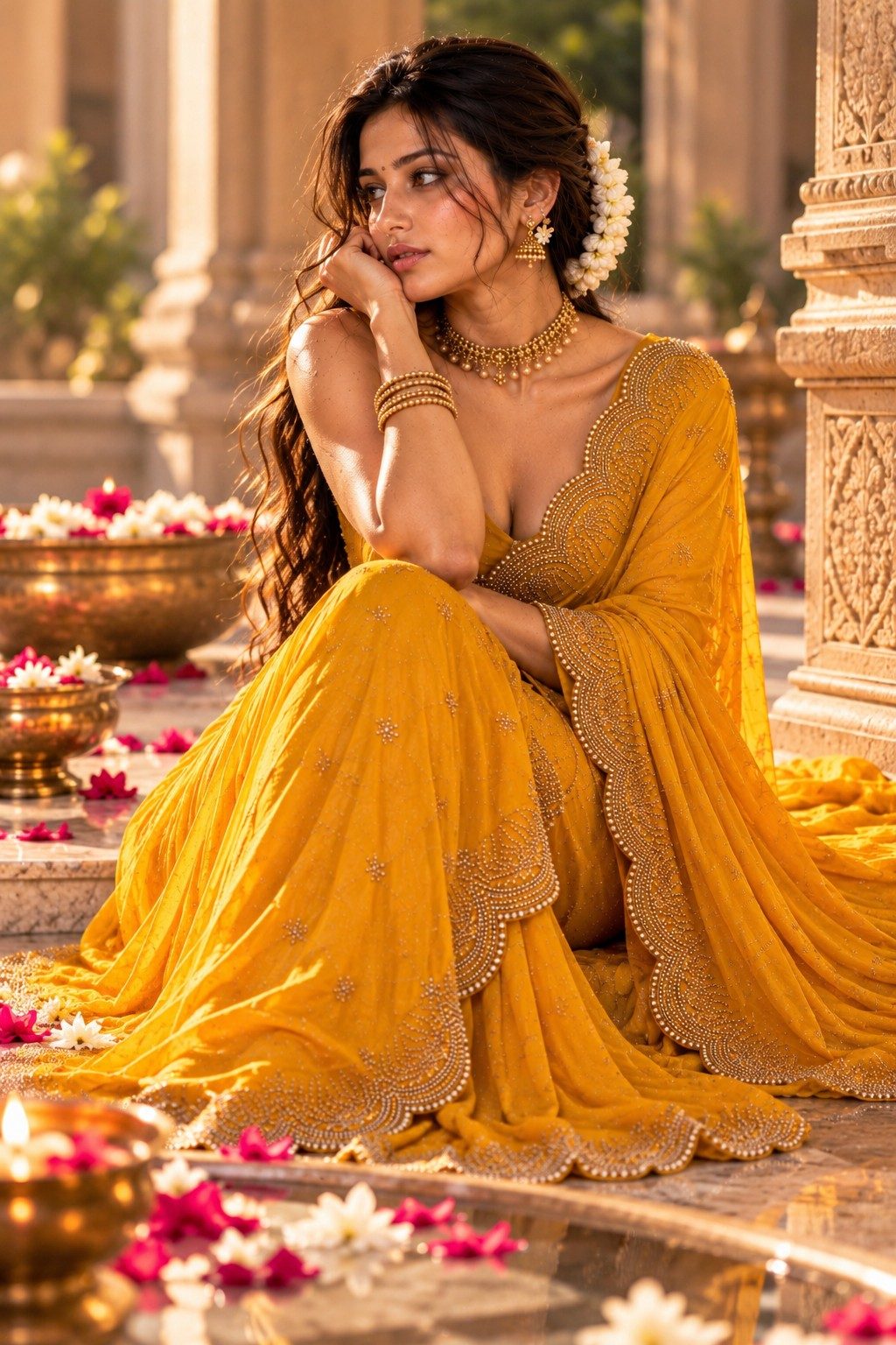 Nyra Voss seated in a mustard-gold embellished saree in a warm, carved-stone palace courtyard, with jasmine flowers and traditional gold jewellery.